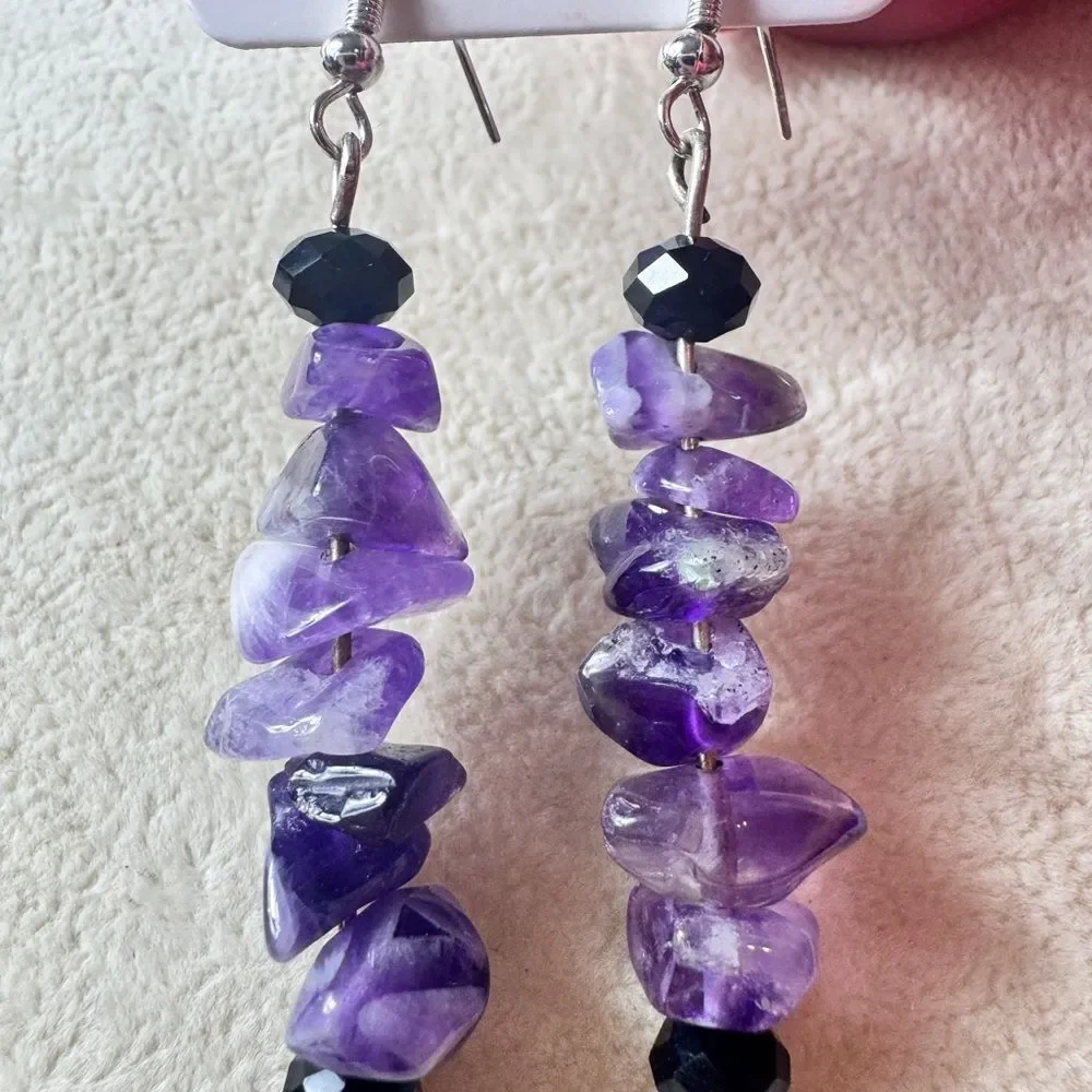 Amethyst and Black Stone Drop Earrings